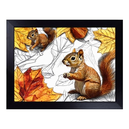 Lap Tray with Bean Bag Cushion, Squirrel Art - Handmade in the UK, Raised Wooden Edge, Padded Cushion, Heat-Resistant Wipe-Clean Surface, for Meals, Laptops and Crafts