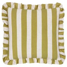 furn. Linen Stripe Printed Ruffle Feather Rich Cushion - Linen/Olive - 50x50cm