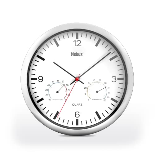 Mebus Quartz Wall Clock with Thermometer and Hygrometer Silver Frame White Dial 25 cm Diameter Round Model: 56730 Colour: Silver, White