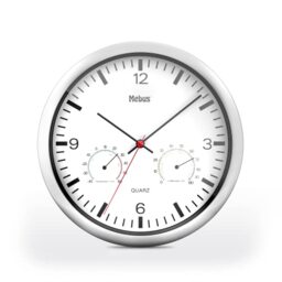 Mebus Quartz Wall Clock with Thermometer and Hygrometer Silver Frame White Dial 25 cm Diameter Round Model: 56730 Colour: Silver, White