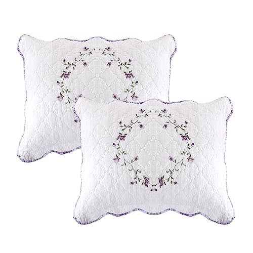 "vctops 2-Piece Elegant Floral Embroidered Pillow Shams Queen Size 100% Cotton Quilted Decorative Pillow Shams Set (Purple,20""x28"")"