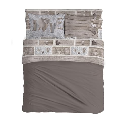 PENSIERI DELICATI Double Bed Set 100% Cotton, Complete Double Bed Sheet Set, 180 x 200 cm, Including Bottom Sheet, Top and 2 Pillowcases, Made in Italy, Shabby in Love Beige Design