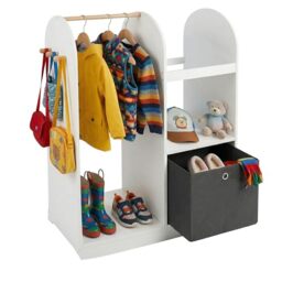 Relaxdays Kids' Clothes Rack, 3 Hooks, Rail & Storage Box, HxWxD: 108 x 97 x 35 cm, White