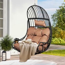 YITAHOME Hanging Egg Chair, Brown Cushion & BlacK PE Rattan, 150kg Capacity