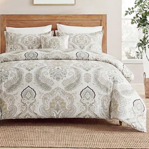 MOVE OVER 100% Cotton Duvet Cover Set Queen Size, Boho Paisley Bedding Set with Zipper Closure & Corner Ties, Soft Breathable Cream Paisley Floral Duvet Cover for All Seasons