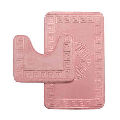 GC GAVENO CAVAILIA Memory Foam Bath Mat Non Slip - Extra Soft Highly Water Absorbent Bathroom Mat Sets 2 Piece - Greek Toilet Rug (50 x 80 cm) & Pedestal Set (50 x 40 cm) - Washable - Blush Pink