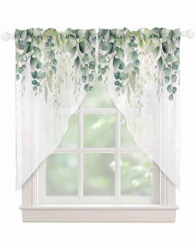 Sage Green Eucalyptus Leaf Swag Valances for Windows Summer Leaves Floral Watercolor Semi Sheer Valance Curtains Voile Swags Topper Curtain for Kitchen Living Room Bedroom, 2 Panels, 36x63 Inch