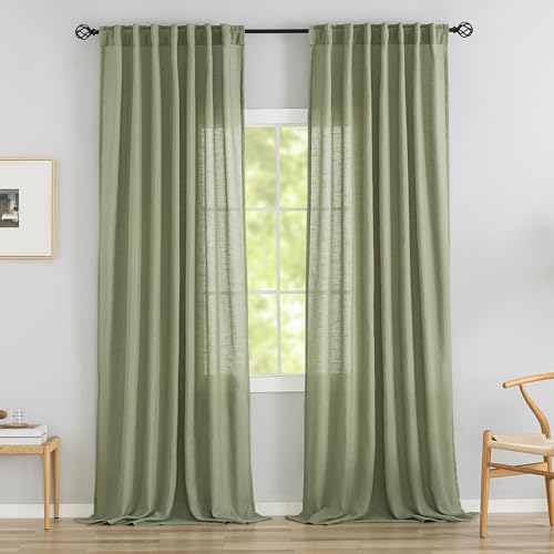 DONREN Sage Green Back Tab Curtains 100 Inches Long 2 Panels for High Windows -Rustic Hooks Belt Pinch Pleated Look Easy Sliding Curtains Light Filtering Semi Privacy Drapres W52 x L100