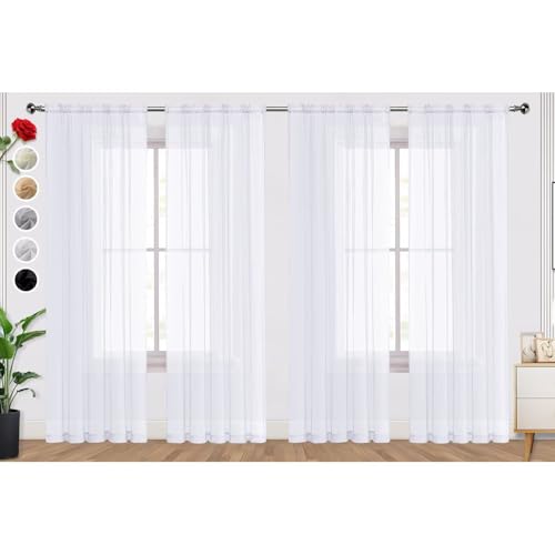 SpaceDresser Optical White Sheer Curtains 4 Panels Rod Pocket Semi-Sheer Curtain 45 Inches Long Light Filtering Voile Window Drapes for Bedroom Living Room Kitchen, Each 52W x 45L