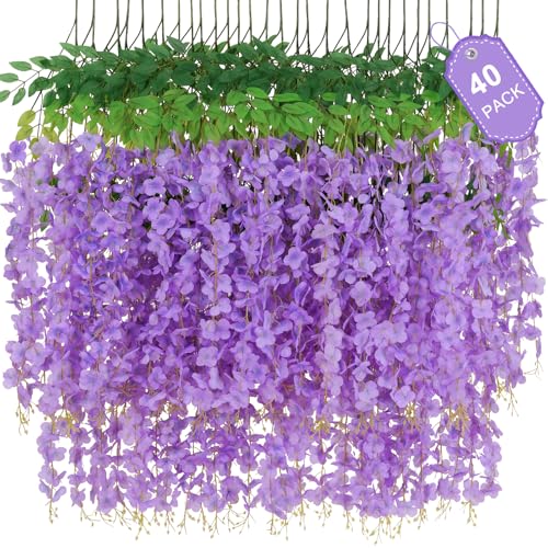 Waipfaru 40 Pack Purple Wisteria Hanging Flowers, Fake Hanging Flowers for Decoration, Artificial Flowers,Vines for Bedroom,Flower Garland for Home,Party,Garden, Wall,Wedding Decoration(3.6 Ft/Pcs)