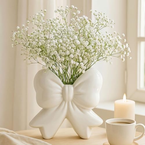 Jingmore Vase Coquette Ceramic Pink Toothbrush Holder Vase Pen Makeup Brush Holder Contemporary Design Decorative Women Gift for Christmas Home Office Shelf Table Room(Small,Classic,White)