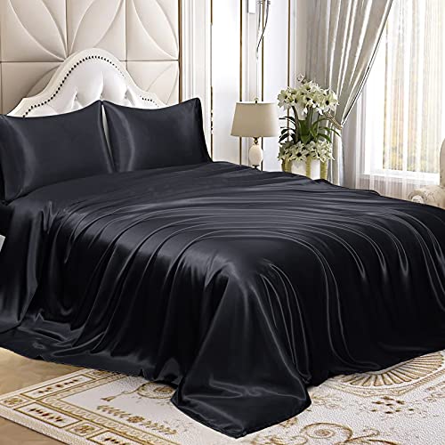 Homiest Cal King Black Deep Pocket Satin Sheets, 4-Piece - 15-Inch Deep Pocket Design, Silky Soft for Hair And Skin, Wrinkle And Fade Resistant, Machine Washable, Glossy Finish