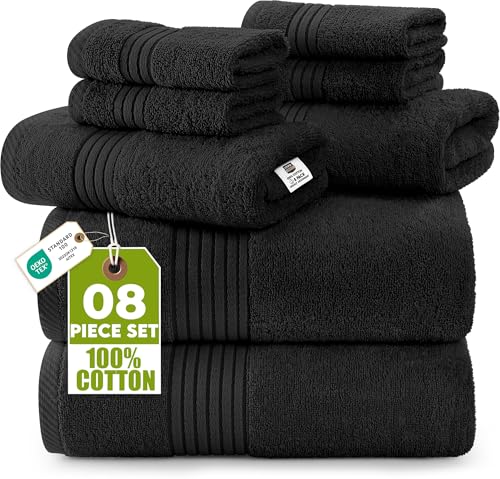 Utopia Towels 8-Piece Premium Towel Set, 2 Bath Towels, 2 Hand Towels, and 4 Wash Cloths, 100% Ring Spun Cotton Highly Absorbent Towels for Bathroom, Sports, and Hotel (Black)