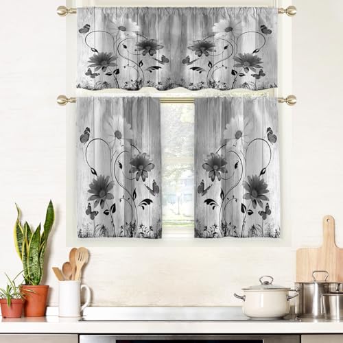 AAtter Black and White Floral Kitchen Curtains Valance and Tiers Set 3 Piece Rustic Flowers Grey Butterfly Rod Pocket Small Short Living Room Bedroom Bathroom Window Curtains 52x18 inch + 26x36 inch*2