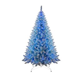 8Ft Flocked Prelit Blue Christmas Tree with Blue LED Lights Multifunction, Snow Dusted Artificial Pine Foldable Metal Stand 1396 Tips Hinged Branches Snowy Bushy Luxury Holiday Home Decoration