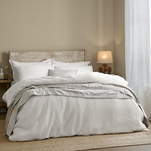 Yard furn Hebden Waffle Duvet Cover Set – Soft Relaxed Cotton Textured Bedding Set (Chalk – Single)