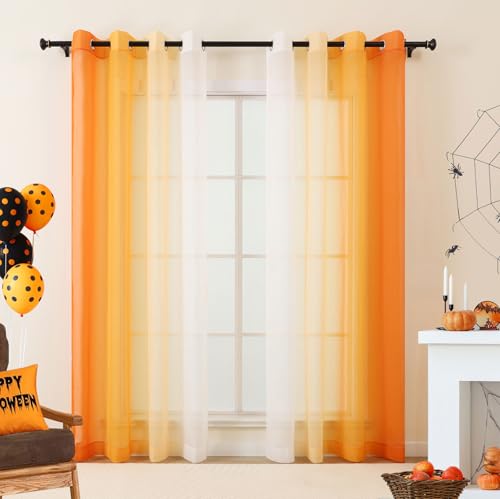 L.Z.E Ombre Sheer Curtains 96 Inches Long for Living Room, Transparent Orange Curtains for Bedroom Dining Room Sliding Glass Door, Lightweight Gradient Window Drapes Grommet Top 2 Panels Set