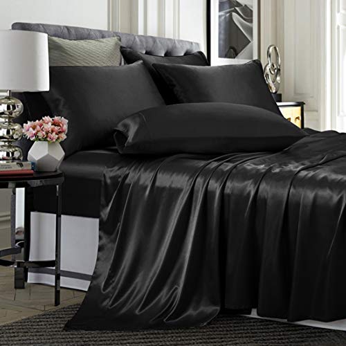 TREELY 6 Piece King Size Satin Sheet Set - Black Satin Sheet Set with Deep Pocket, Fitted Sheet, Flat Sheet, 4 Pillowcases