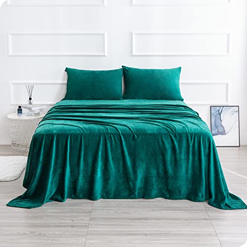 Micro Fleece Bed Sheet Set Twin Size,Velvet Plush Sheets and Pillowcase Set with Extra Deep Pockets, Extra Soft, No Pilling and Cozy Warmth for All Season (Twin,Green Color,3 Piece)