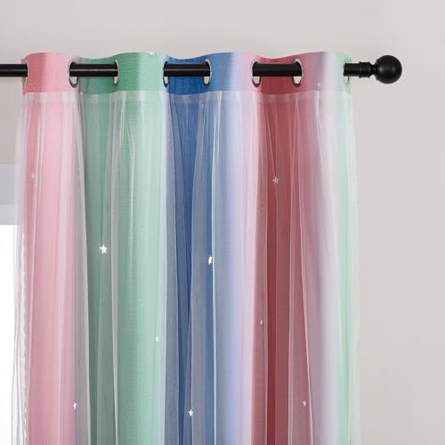 XiDi Curtains for Bedroom Decor, Rainbow Pink GreenBlue52/45/1 - 52 x45 inch, Pink Green Blue layered curtain, kids and boys bedroom decor, white sheer overlay,room darkening, grommet top