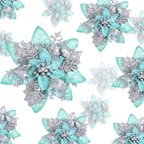 36 Pcs Christmas Glitter Artificial Poinsettia Flowers Xmas Poinsettia Artificial Wedding Flowers Decorations Xmas Tree Ornaments with Clips for Party, 6 Inch, 4 Inch, 3 Inch (Silver and Green)