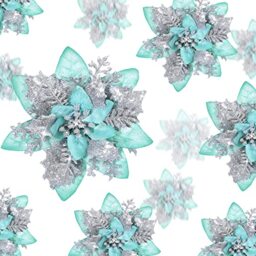 36 Pcs Christmas Glitter Artificial Poinsettia Flowers Xmas Poinsettia Artificial Wedding Flowers Decorations Xmas Tree Ornaments with Clips for Party, 6 Inch, 4 Inch, 3 Inch (Silver and Green)