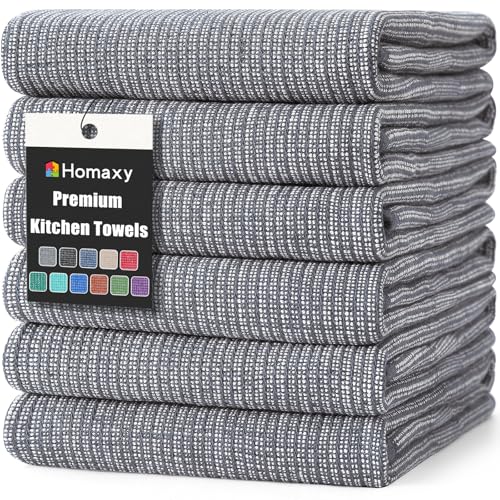 Homaxy Premium Kitchen Towels(18”x 28”, 6 Pack), Large Cotton Kitchen Hand Towels, Flat and Terry Dish Towels, 380 GSM Highly Absorbent Tea Towels Set with Hanging Loop, Grey