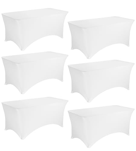 JALANCY 6 Pack 6FT Spandex Table Covers Washable Wrinkle Resistant Stretch Table Cloth for Folding Table Wedding Party Birthday Banquet Bar Events???White???
