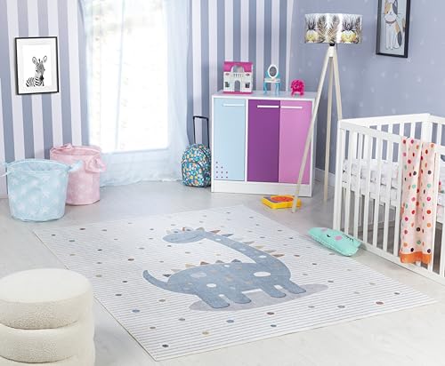 Livabliss Dino Washable Kids Carpet 160x213 cm, Soft Machine Washable Animal Design for Girls & Boys Bedroom, Playroom & Nursery, Durable Easy Care Baby & Kids Floor Carpet, Cream
