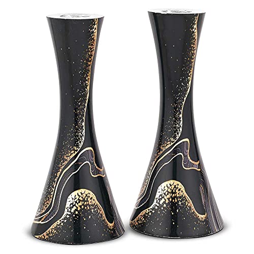 "Zion Judaica Marbel Decal Candle Holder Set of 2 - Marbleized Metal Modern Candlesticks 6.75"" Hourglass Shape Fits 7/8"" Thick Tapered/Shabbat Candles Bat Mitzvah Gift for Jewish Wedding (Black Burst)"