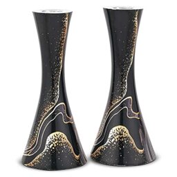 "Zion Judaica Marbel Decal Candle Holder Set of 2 - Marbleized Metal Modern Candlesticks 6.75"" Hourglass Shape Fits 7/8"" Thick Tapered/Shabbat Candles Bat Mitzvah Gift for Jewish Wedding (Black Burst)"