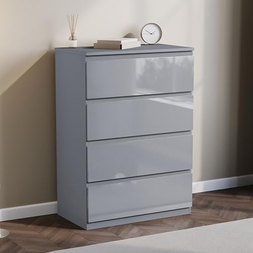 Vida Designs Glinton 4 Drawer Chest of Drawers - Grey - 95.5H x 70W x 40D cm - Stylish High-Gloss - Space-Saving Storage - Smooth Metal Runner - Easy Assembly - Modern Bedroom Furniture Unit