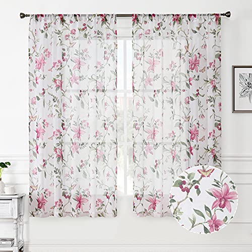 Tollpiz Floral Sheer Curtain Pink Cherry Flower Butterfly Print Living Room Curtains Rod Pocket Voile Linen Look Short White Sheer Curtain for Bedroom, 54 x 54 inches Long, Set of 2 Panels