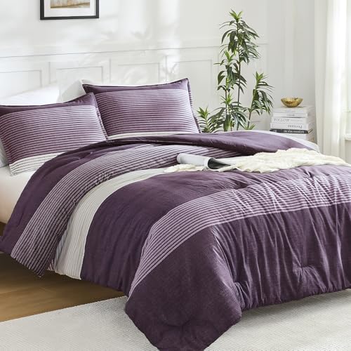 Litanika Queen Comforter Set - 3 Pieces Stripe Bedding Comforter Sets - Purple Men Fluffy Lightweight Soft Colorblock Down Alternative All Season Bed Set