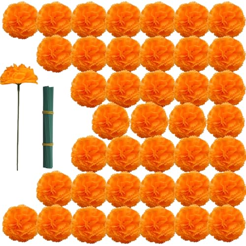 YGbridge Artificial Marigolds Flowers, 60Pcs Marigold Fake Flowers, Silk Orange Flowers for Day of The Dead, Diwali, Dia De Los Muertos Decoration, Ofrenda Decoration (Orange, 100Pcs)