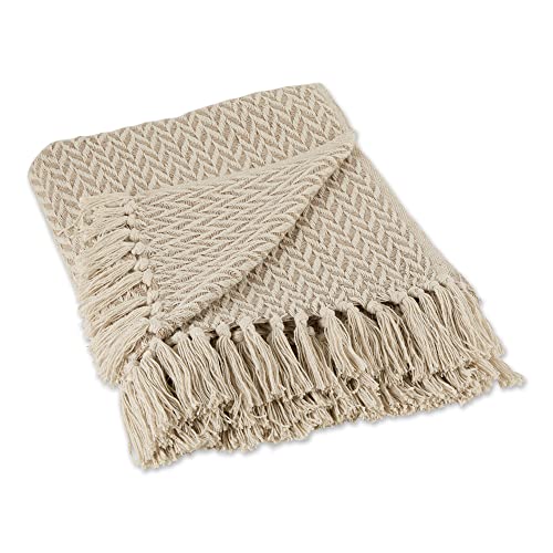 "DII Modern Zig Zag Throw Blanket Woven Cotton, Hand-Knotted 2.5"" Fringe, 50x60, Stone"