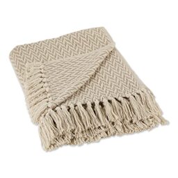 "DII Modern Zig Zag Throw Blanket Woven Cotton, Hand-Knotted 2.5"" Fringe, 50x60, Stone"
