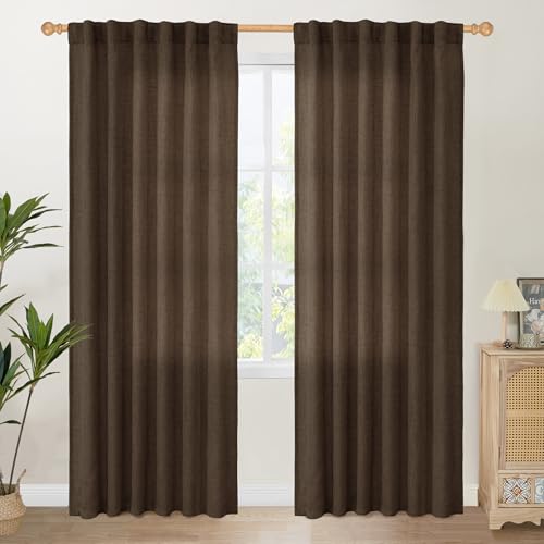 YoungsTex Brown Linen Curtains 84 Inch Length for Living Room, Chocolate Semi Sheer Drapes with Back Tab Rod Pocket Light Filteringfor Bedroom Dining Farmhouse, 2 Panel, 52 X 84 Inch