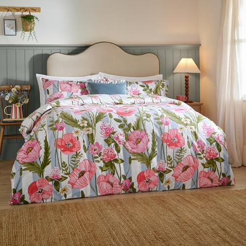 Wylder Poppy Trail Duvet Cover Set – Reversible Country Floral Striped Cotton Rich Bedding (Multicolour - Double)