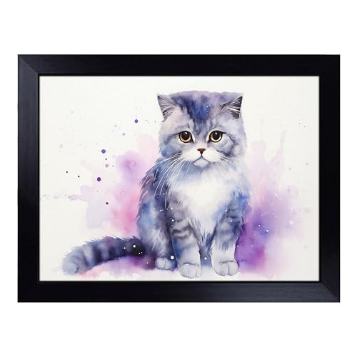 Lap Tray with Bean Bag Cushion, Cat Watercolour - Handmade in the UK, Raised Wooden Edge, Padded Cushion, Heat-Resistant Wipe-Clean Surface, for Meals, Laptops and Crafts