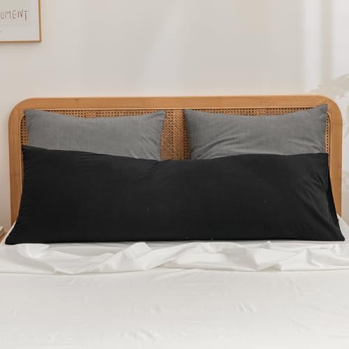 BESTOUCH Washed Cotton Pillowcases Linen Feel Deep Black Body - 100% Washed Cotton, Linen Feel, Soft Wrinkle Texture, Envelope Closure, Breathable Lightweight Durable Comfy, 1 Pcs No Insert