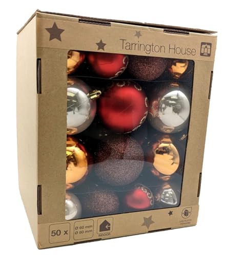 Tarrington House Set of Christmas Baubles, Plastic, ¯ 60/80 mm, Glossy, Matte and Glittery, Natural Colours, 50 Pices.