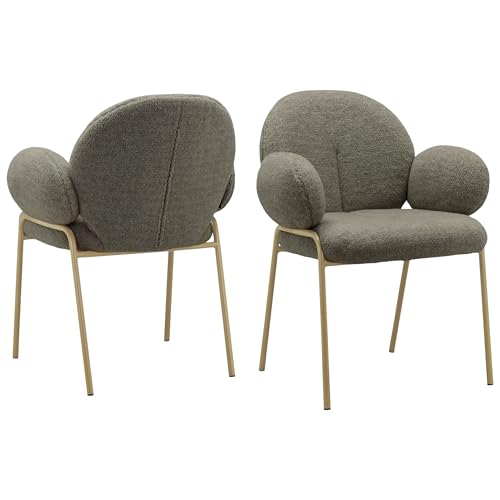 Iwama Dining Chair Set of 2 – Dark Mink Teddy Fabric Upholstered Chairs with Golden Metal Legs (62 × 63 × 83 cm) (W x D x H)