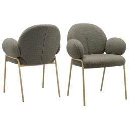 Iwama Dining Chair Set of 2 – Dark Mink Teddy Fabric Upholstered Chairs with Golden Metal Legs (62 × 63 × 83 cm) (W x D x H)