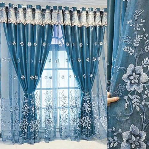 Amidoudou 1 Pair European Double Layer Curtains for Living Room Bedroom Luxury Flower Embroidered Curtains with Valance (Blue,54x95 Inch)