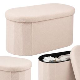 Relaxdays storage bench, bouclé/teddy fabric, upholstered, hallway, beige