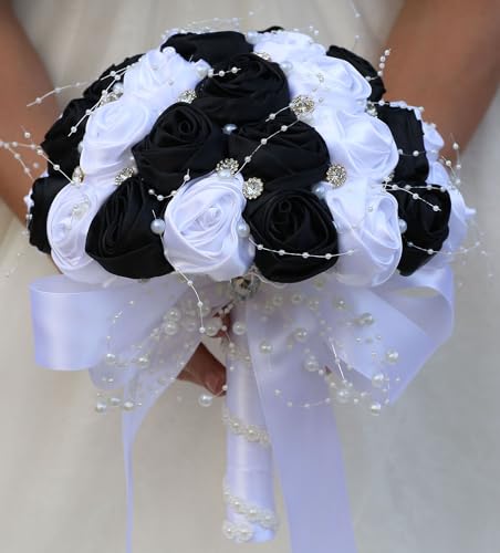"Mhojpik Bridal Wedding Bouquet Round Bling Brooch Bouquet Throw Toss Artificial Rose Flower Bunch for Bride Bridesmaid Wedding Quinceanera(White & Black, 7.5"")"