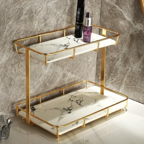 NC Makeup Organizer Shelf, Stainless Steel Shelf with Ceramic Tray, White marbling, for Dresser, Countertop, Bathroom and More, Gold (21324) (142825.5)