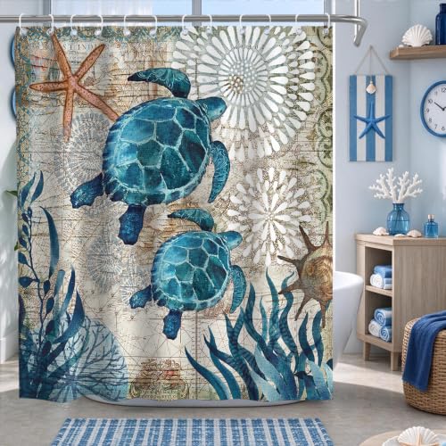 Final Friday Nautical Shower Curtain Teal Sea Turtles Theme Fabric Beach Bathroom Blue Ocean Decor Sets with Grommets and Hooks 72 x 84 Inch Green