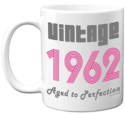 Stuff4 61st Birthday Gifts for Women and Men - 1962 Pink Vintage Coffee Mug, 11oz Ceramic Dishwasher Safe Premium Mugs, Best Friend Mug for Birthday Christmas, Funny 61st Birthday Gifts for Her Him